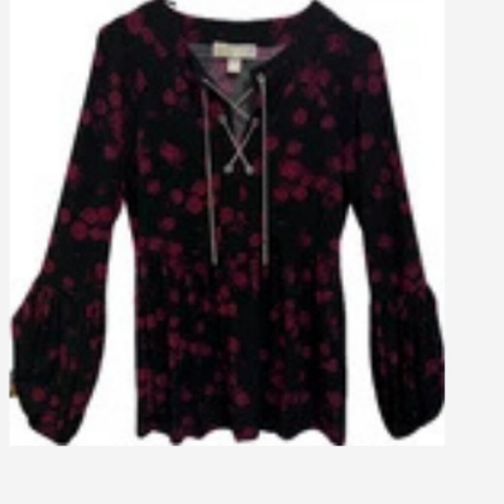 Michael Kors Top Blouse Women’s Size XXS Black Red Floral Tie-Up Gold Chain Boho - Picture 3 of 4